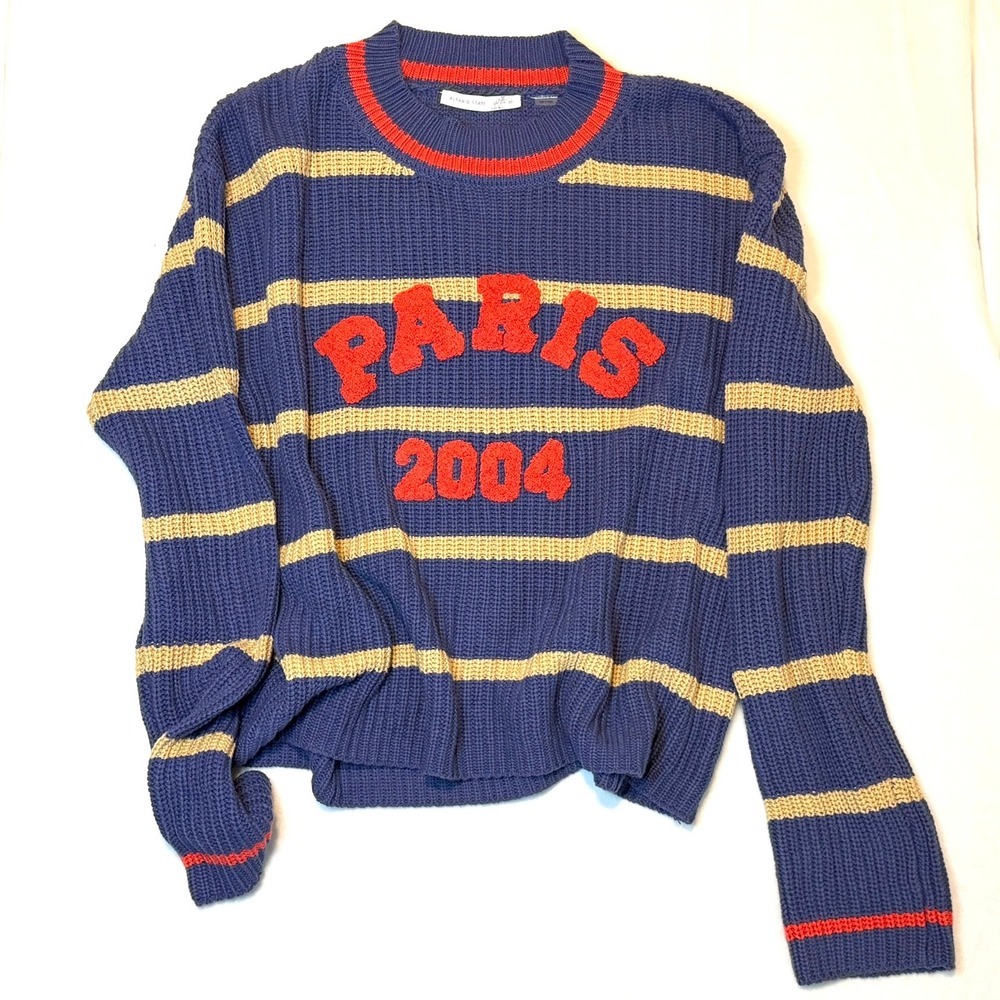 Altar'd State Paris 2004 Striped Knit Sweater Blue Red Tan Womens Medium